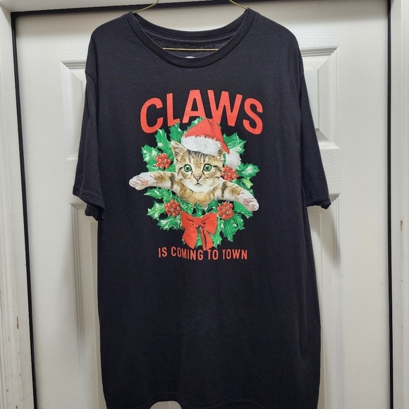 Christmas Cat T-shirt Men's 2XL Claws Is Coming To Town Holiday Time Black XXL - Picture 2 of 6